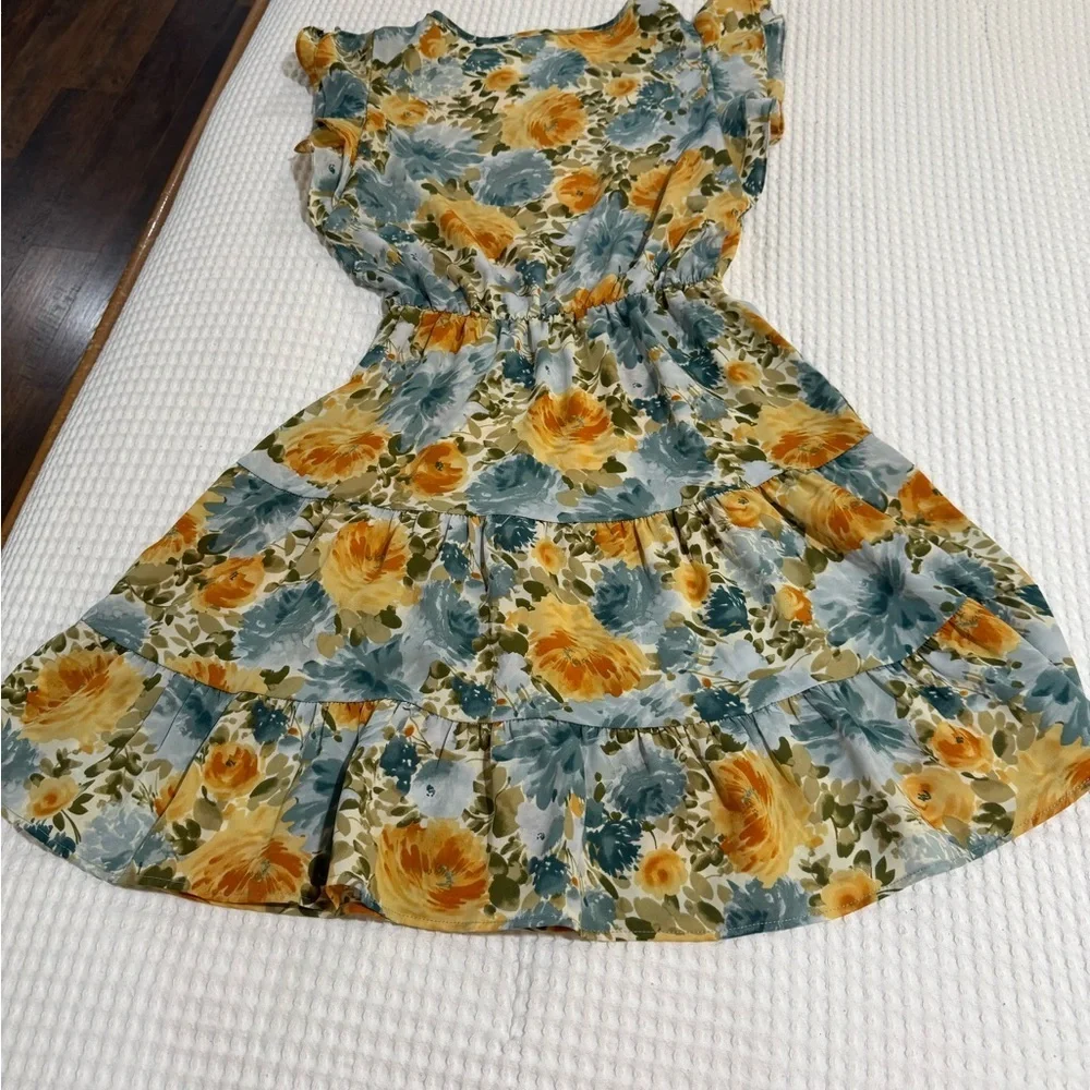 Les Amis Blue and Yellow Flowy Feminine Floral Print Midi Dress - Size M - Picture 5 of 5